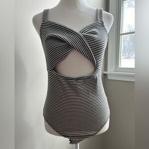 Lulu’s Black and White Striped Cotton/Spandex Bodysuit Size XL